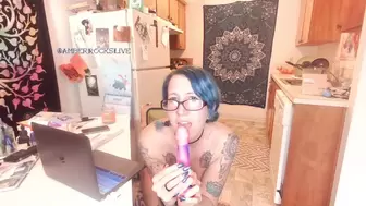 Oral Sex on Dildo by Blue Haired Tattooed Web-Cam Lady Sloppy Wet Eyecontact POINT OF VIEW
