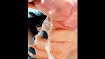 Blonde lady licking prick, facial in mouth, on tongue, on fingers. Quick oral sex finish.