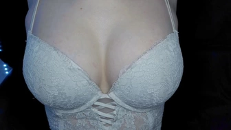 SHAKING MY MONSTROUS BOOBIES IN WHITE LACE BRA ON CAMERA