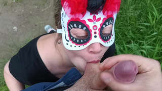 Public oral sex by the river with monstrous cumshot