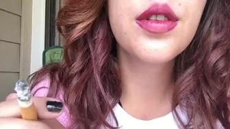 Sweet Brunette Babe Smoking 100 w Pink Lipstick and Fuzzy Hello Kitty Shirt